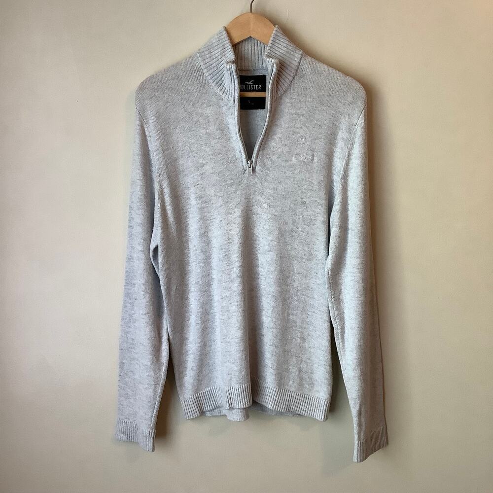 Hollister Quarter-Zip Ribbed Mock Neck Marled Knit Sweater Light Gray Mens Small